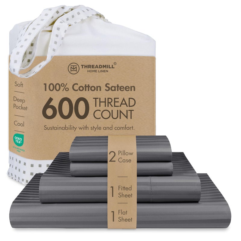 Threadmill 100% Cotton Sheets for King Size Bed - 600 Thread Count King Bed Sheets Set with 16â€ Deep Pocket - Damask Stripe Sateen Weave 4-Piece Bedding Set with Cooling Effect, Dark Grey - Image 1